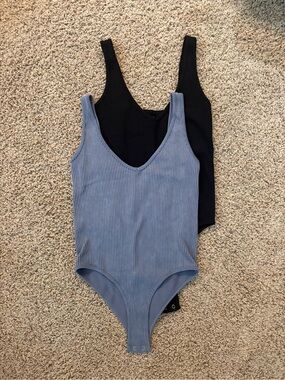 2 Piece Set -Ribbed One-Piece Bodysuit - Blue and Black